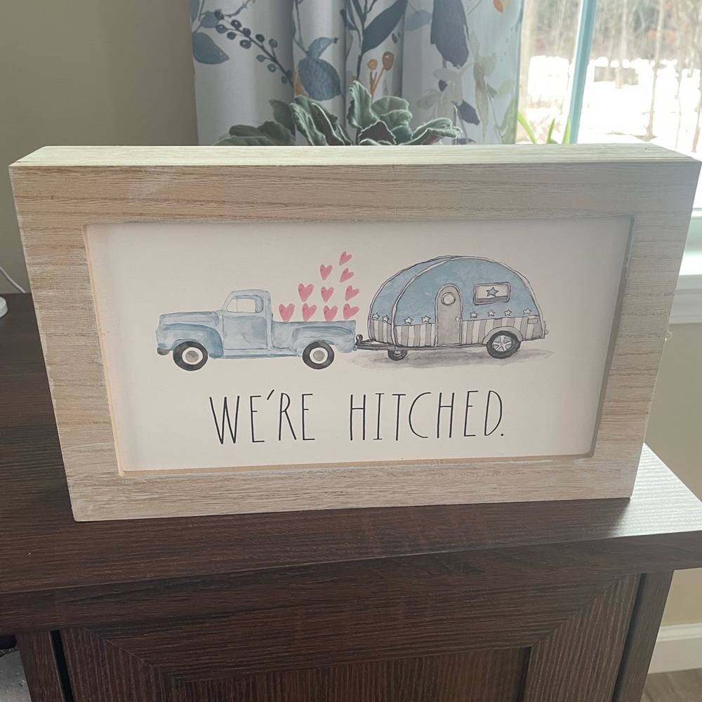 Rustic Blue and Tan 'We're Hitched' Decorative Sign